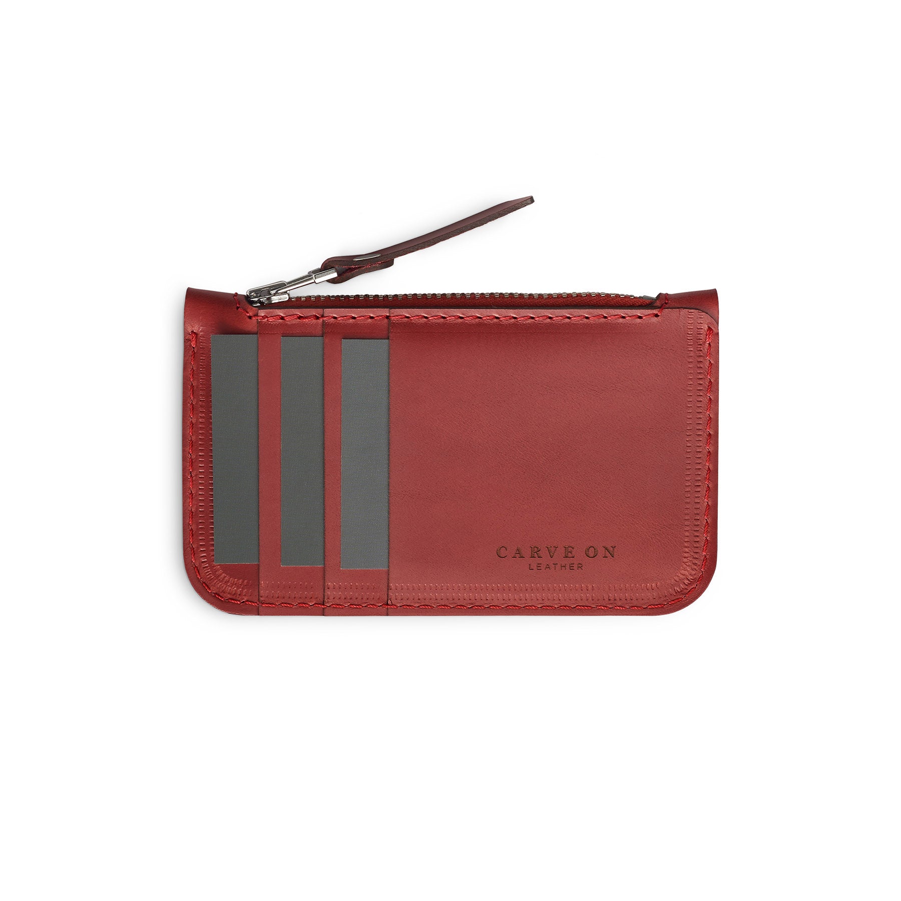 Burgundy full-grain leather zip card wallet, flat lay — personalised — CarveOn, made in Ireland#Color_Burgundy