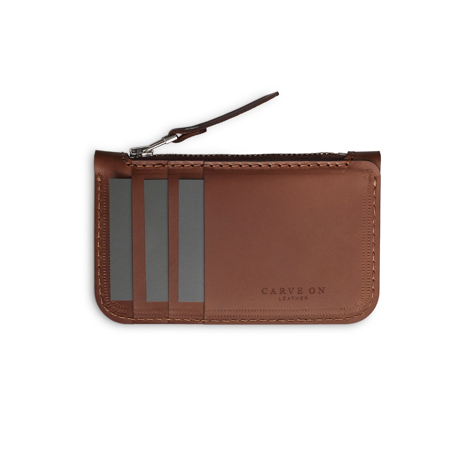 Dark Brown full-grain leather zip card wallet, flat lay — personalised — CarveOn, made in Ireland#Color_Dark Brown