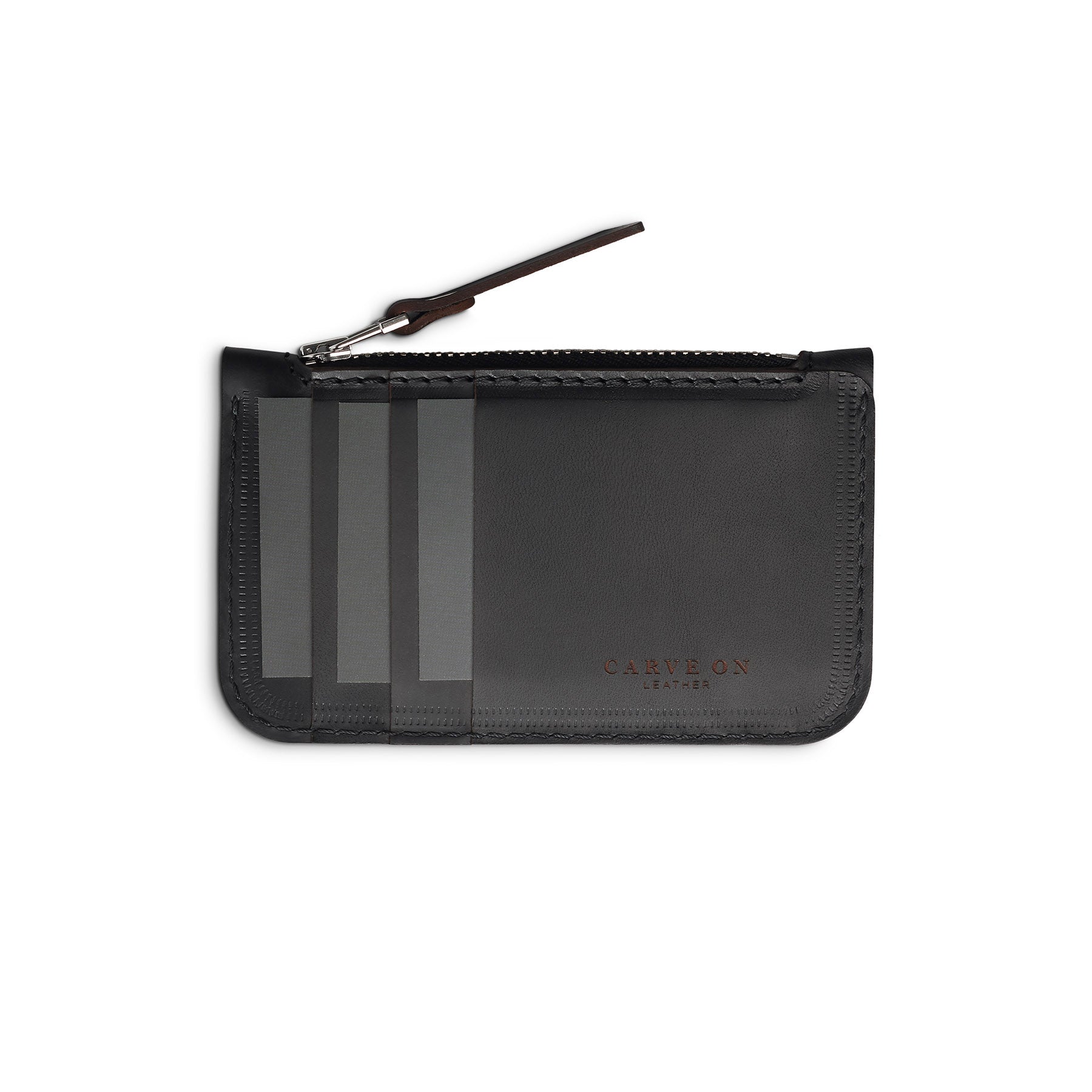 Dark Brown full-grain leather zip card wallet, flat lay — personalised — CarveOn, made in Ireland#Color_Dark Brown
