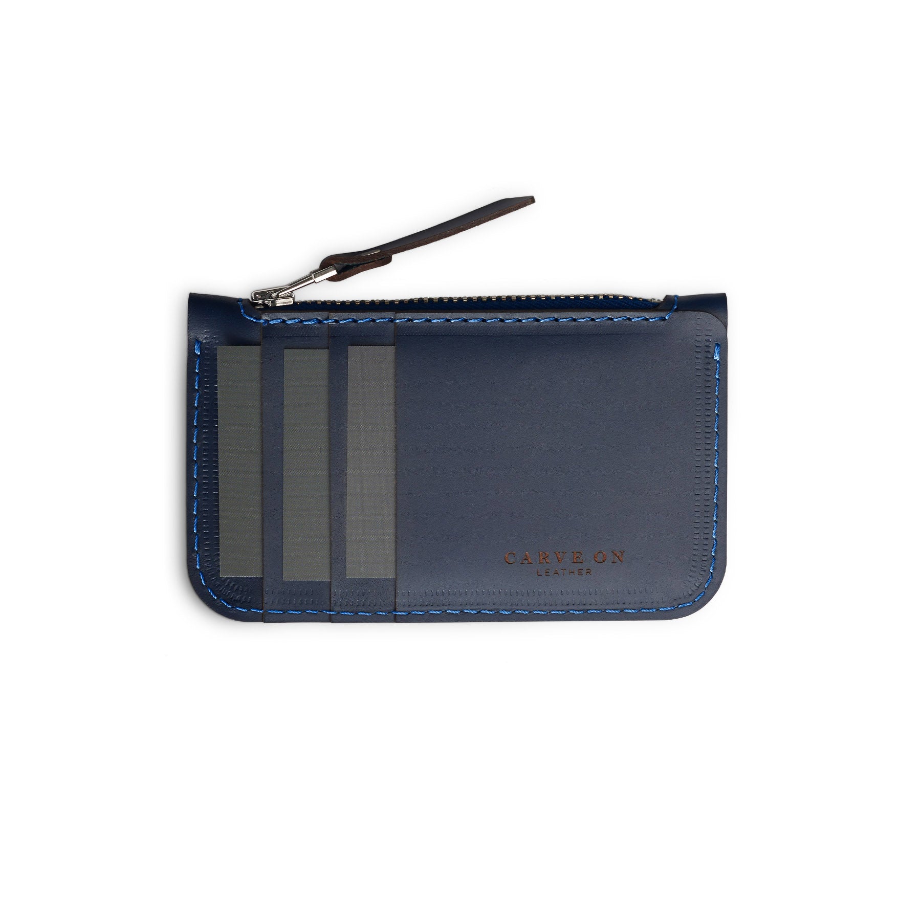 Navy full-grain leather zip card wallet, flat lay — personalised — CarveOn, made in Ireland#Color_Navy